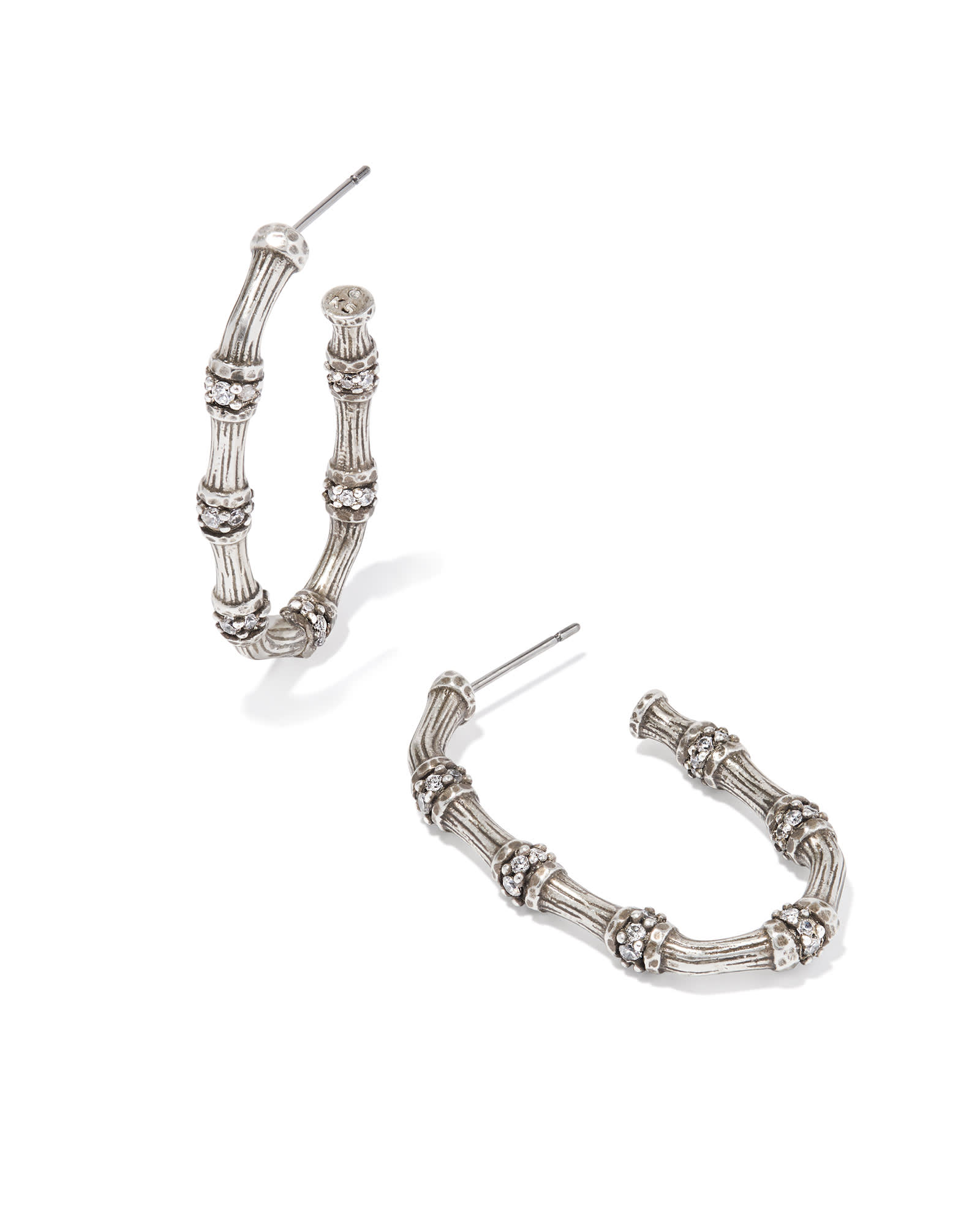 Kendra Scott Maura Vintage Silver Bamboo Hoop Earrings in White | Crystal